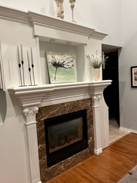 White stone fireplace in the living room