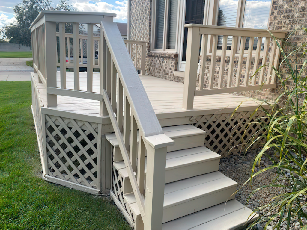 deck and stairs stained with neutral light grey